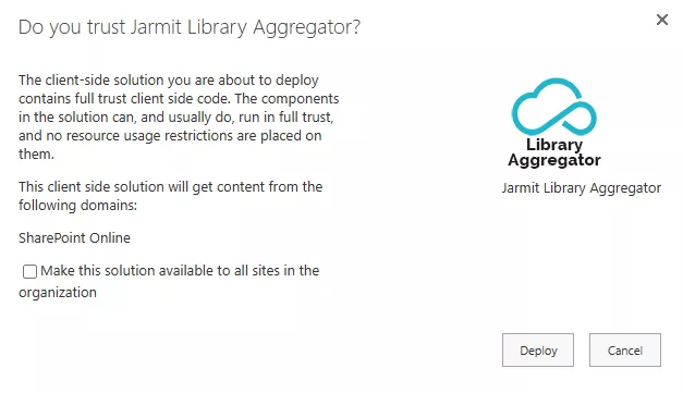 Jarmit Library Aggregator - Install SPFx solution