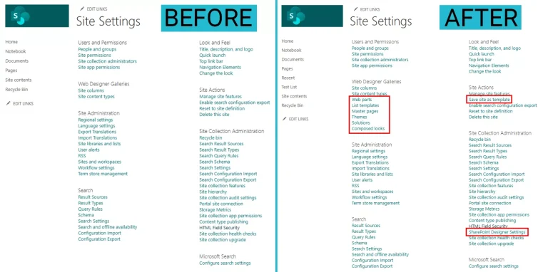 Site Settings before and after