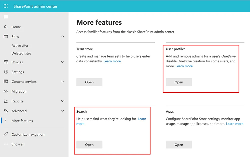 SharePoint admin center search and user profiles