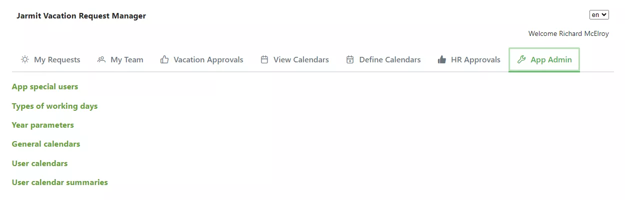 Jarmit Vacation Request Manager - App Admin links