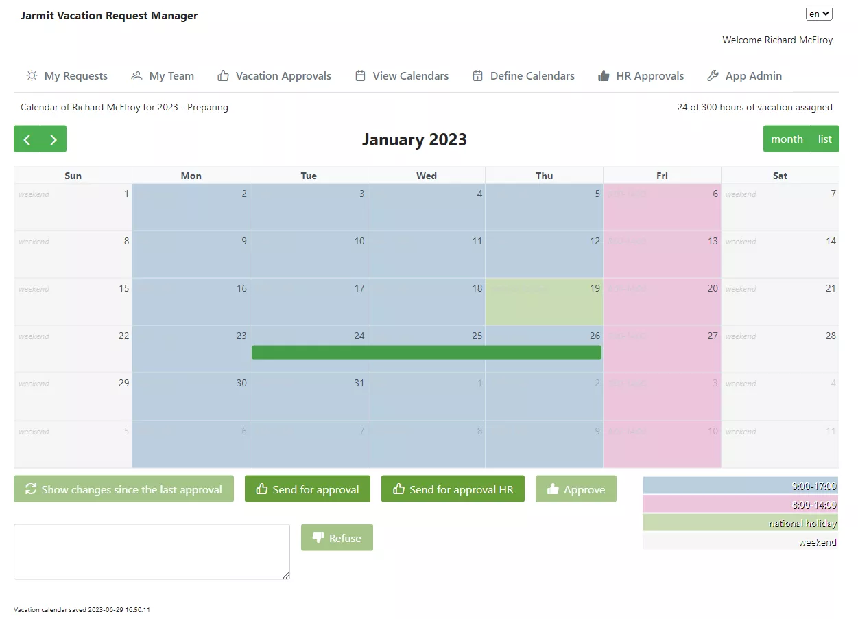 Jarmit Vacation Request Manager - Editing user calendar