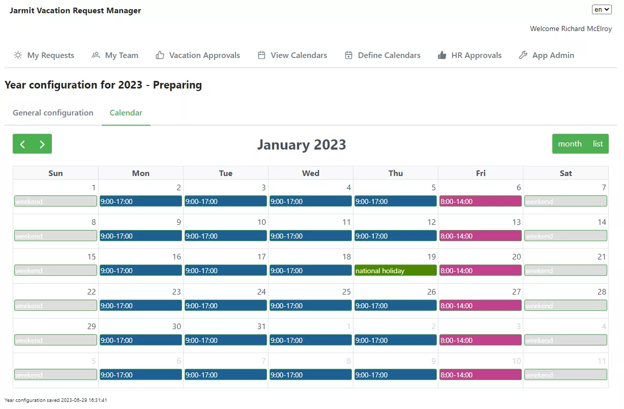 Jarmit Vacation Request Manager - General config calendar