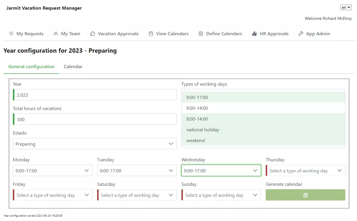 Jarmit Vacation Request Manager - General config of new year