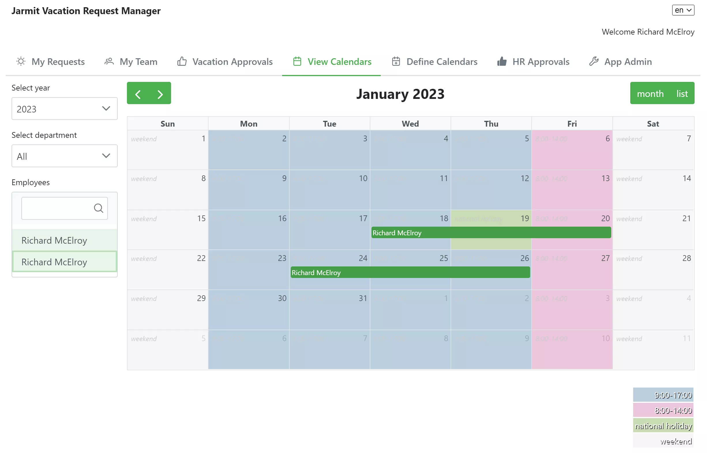 Jarmit Vacation Request Manager - HR Users calendars