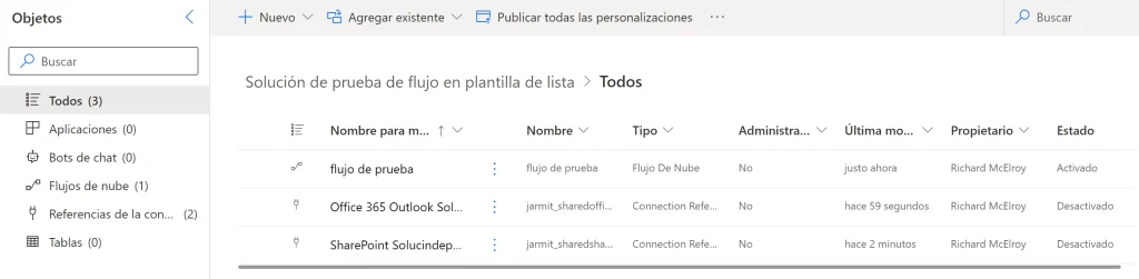 Flujo de nube y referencias de conexión en solución de dataverse