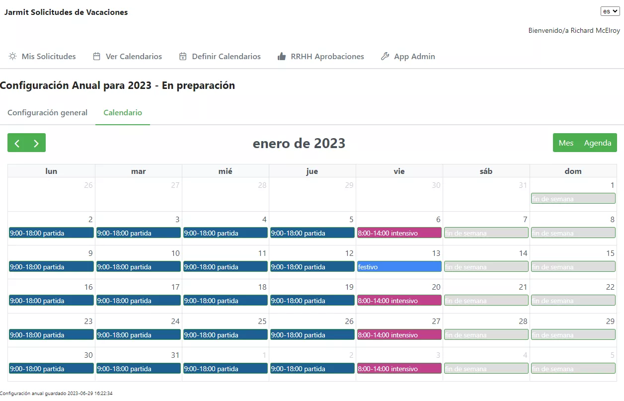 Jarmit Solicitudes de Vacaciones - Configuración general calendario