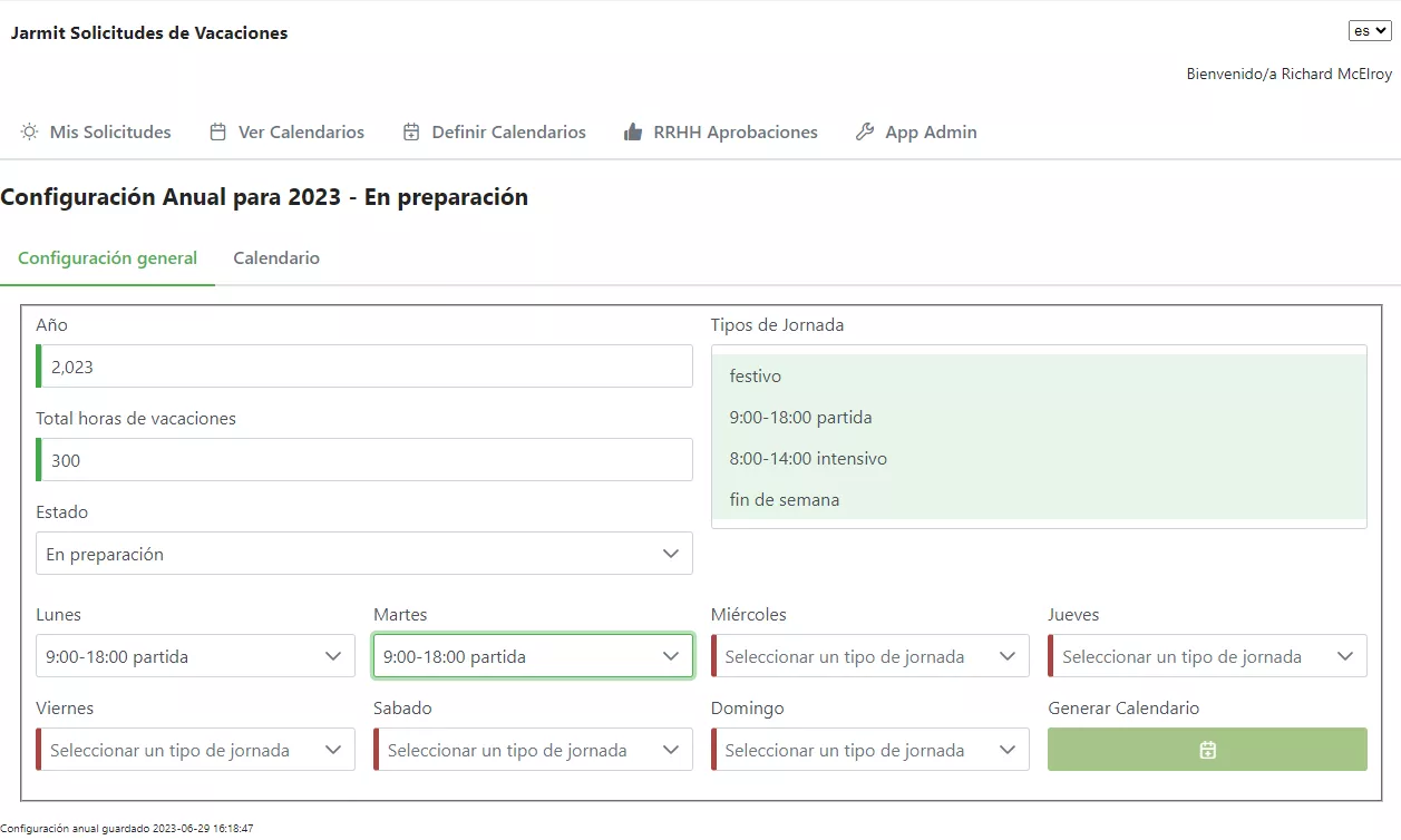 Jarmit Solicitudes de Vacaciones - Configuración general de nuevo año