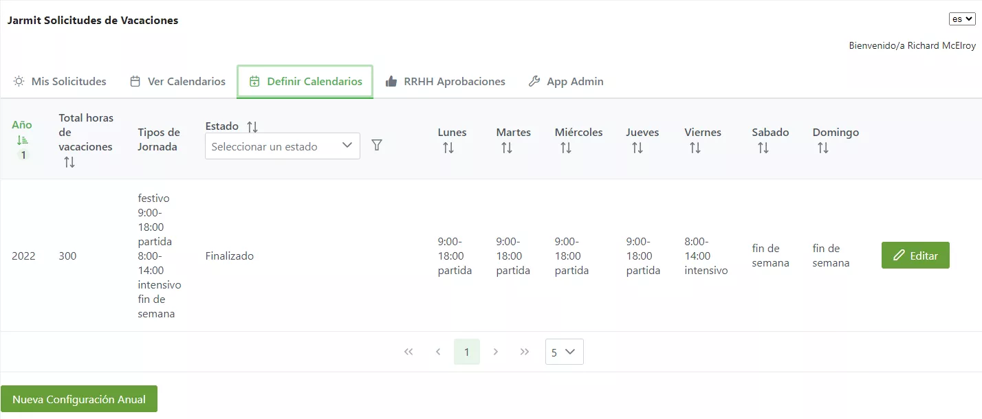 Jarmit Solicitudes de Vacaciones - Definir calendarios