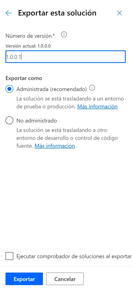 Número de versión y exportar como solución administrada